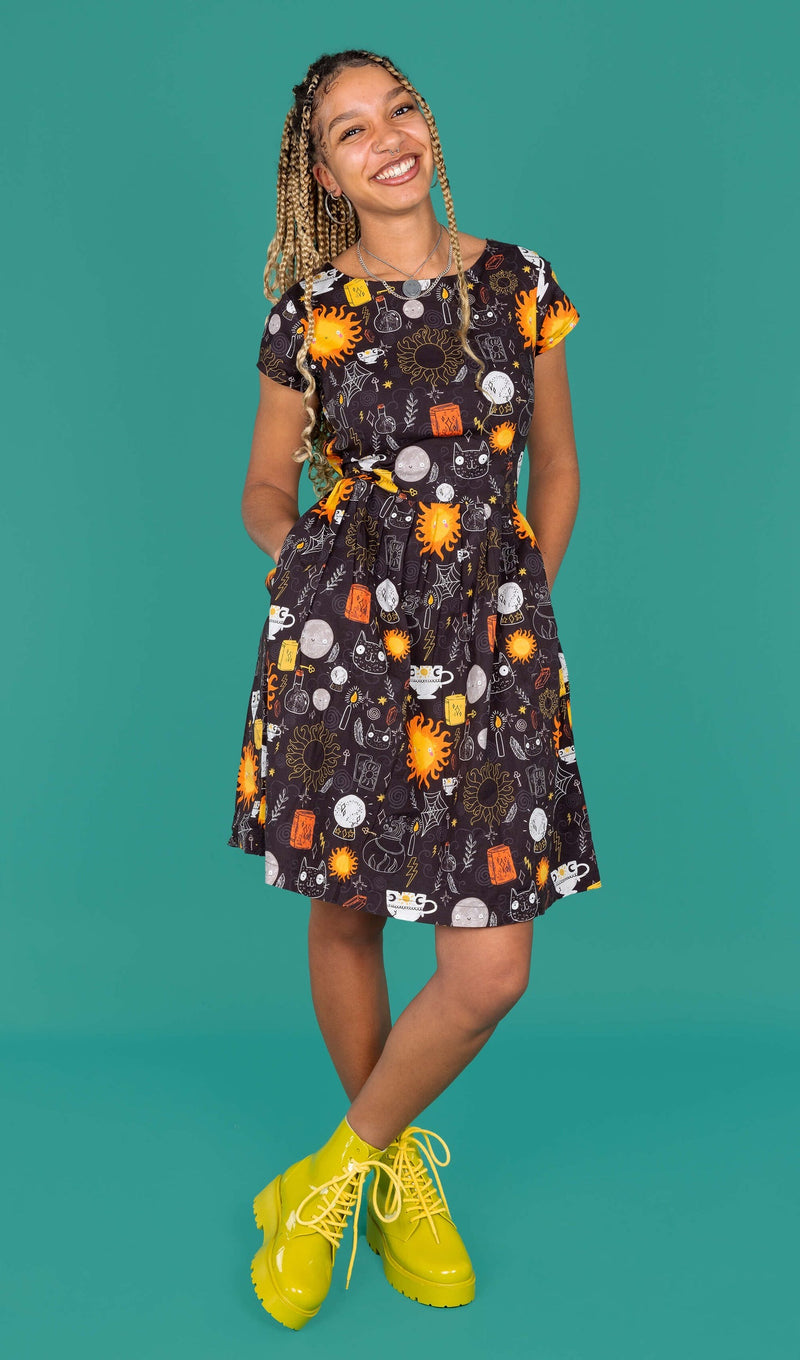 Solar Witch Print Cotton Tea Dress with Pockets by Run and Fly X Katie Abey