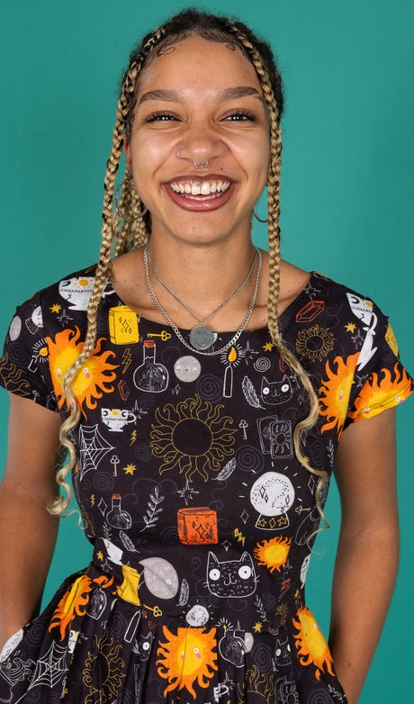 Solar Witch Print Cotton Tea Dress with Pockets by Run and Fly X Katie Abey