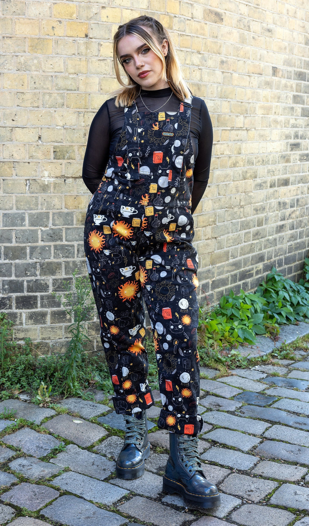 Solar Witch Print Stretch Twill Cotton Dungarees by Run and Fly X Katie Abey