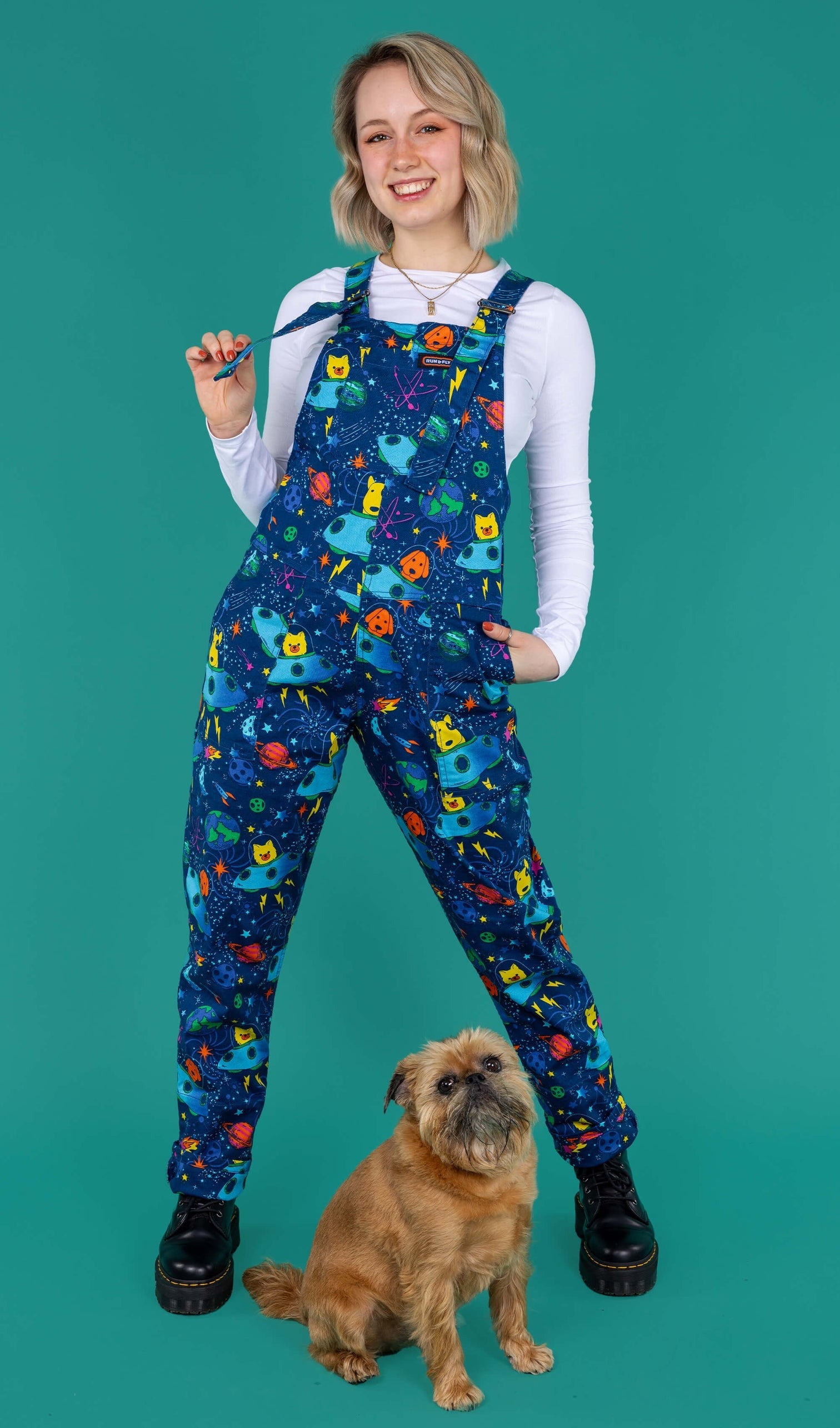 Dogs in Space Print Stretch Twill Cotton Dungarees