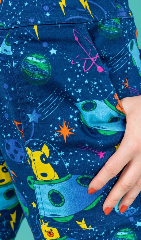 Dogs in Space Print Stretch Twill Cotton Dungarees