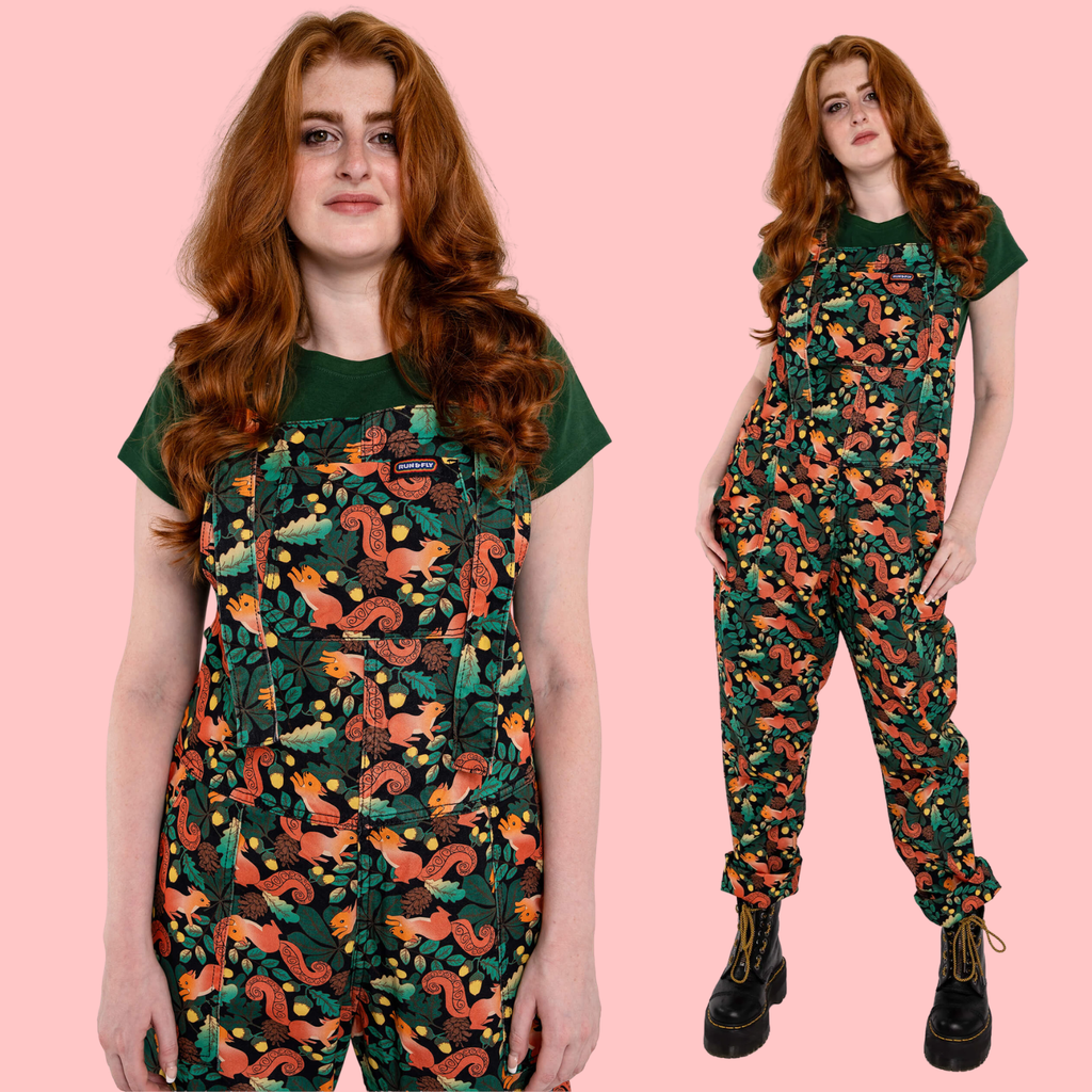 Acorn Adventure Squirrel Print Stretch Twill Dungarees by Run and Fly