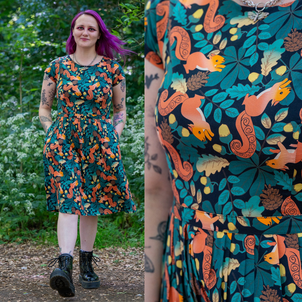 Acorn Adventure Squirrel Print Cotton Tea Dress with Pockets by Run and Fly