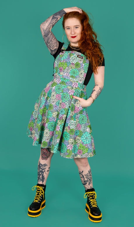 Run and Fly Succulents Print Flared Pinafore Dress