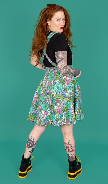 Run and Fly Succulents Print Flared Pinafore Dress
