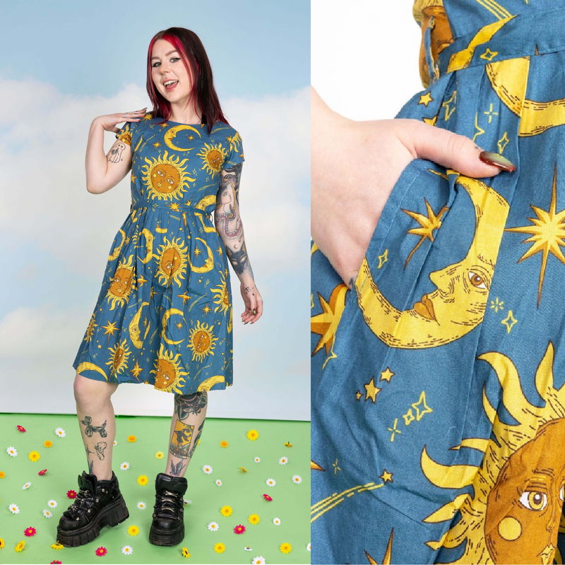 Sun and Moon Print Cotton Tea Dress with Pockets by Run and Fly