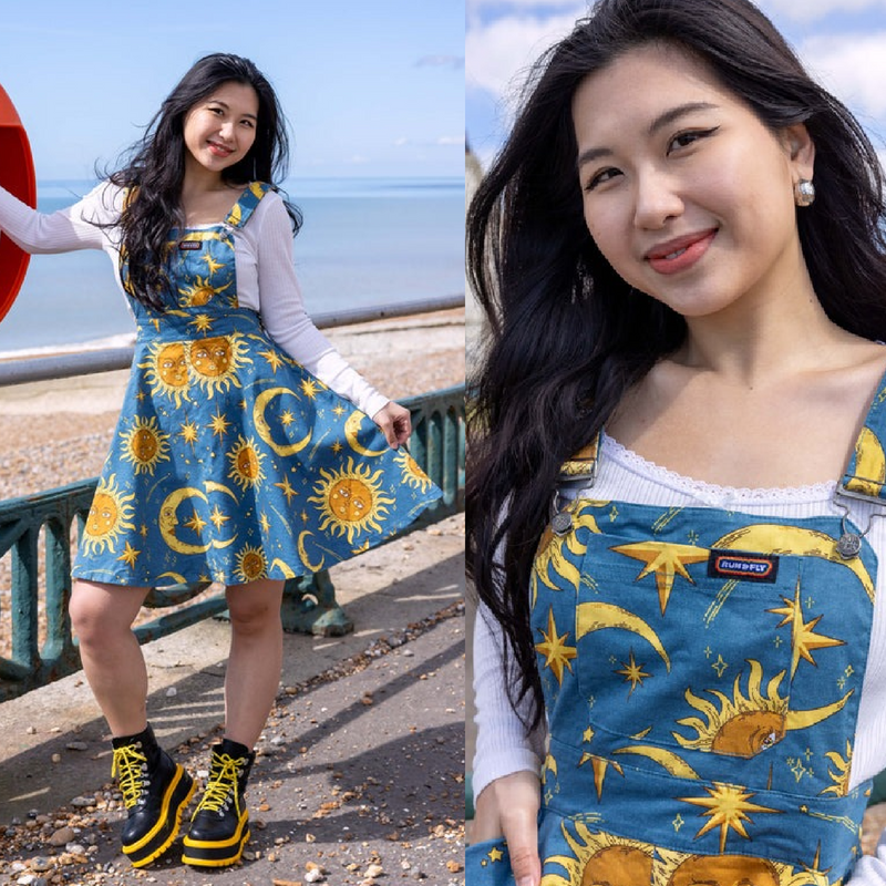 Run and Fly Sun and Moon Print Flared Pinafore Dress