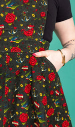 Run and Fly Retro Tattoo Print Flared Pinafore Dress