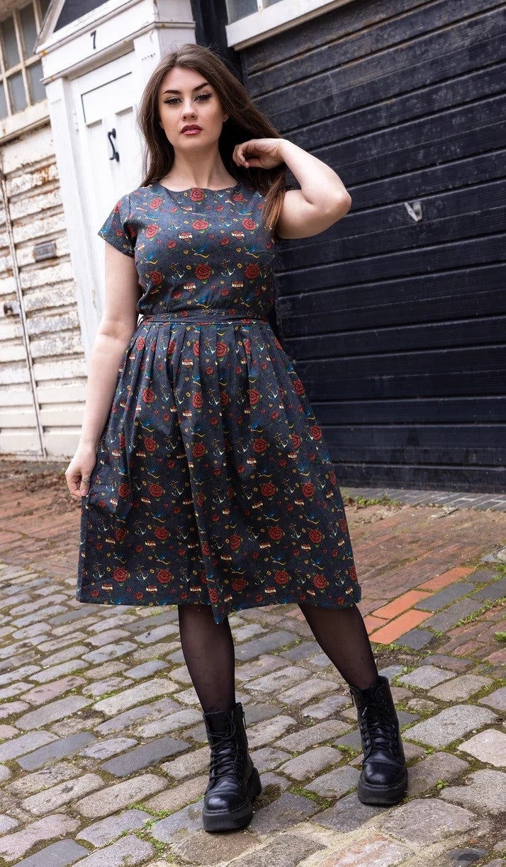 Retro Tattoo Print Cotton Tea Dress with Pockets by Run and Fly