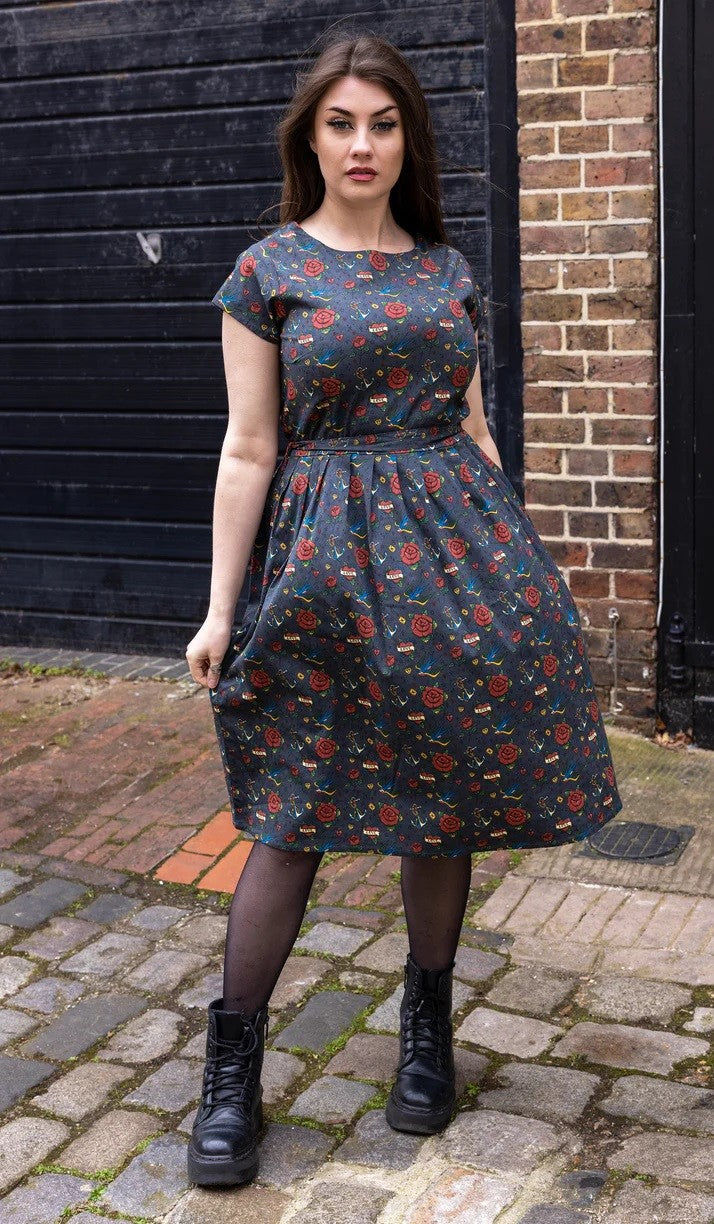 Retro Tattoo Print Cotton Tea Dress with Pockets by Run and Fly