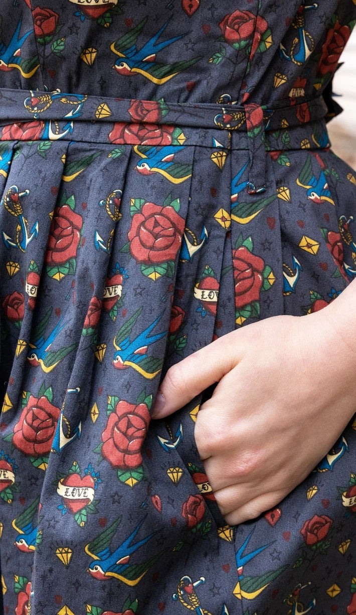 Retro Tattoo Print Cotton Tea Dress with Pockets by Run and Fly