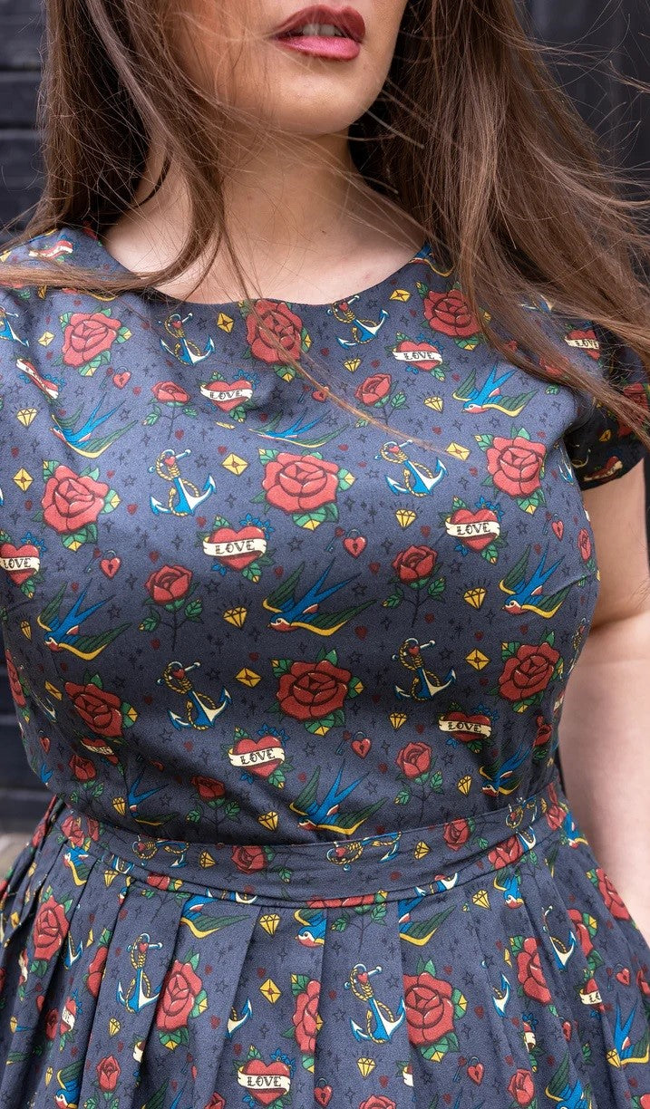 Retro Tattoo Print Cotton Tea Dress with Pockets by Run and Fly
