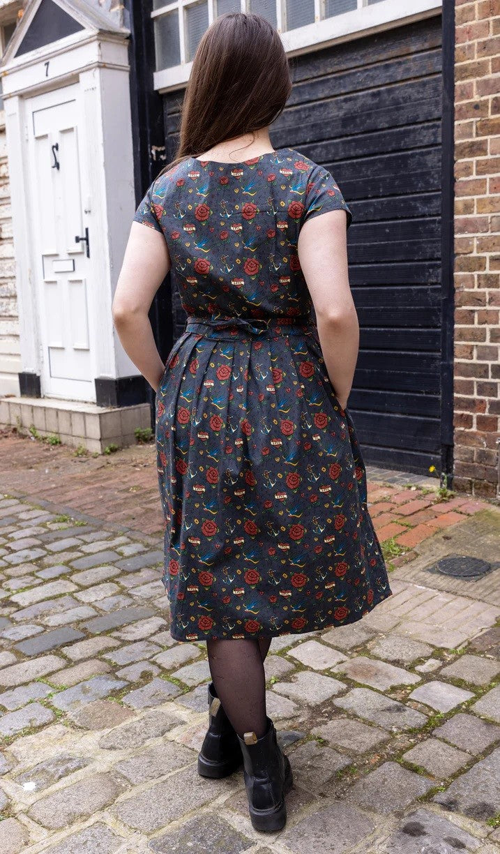 Retro Tattoo Print Cotton Tea Dress with Pockets by Run and Fly