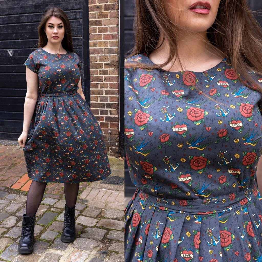 Retro Tattoo Print Cotton Tea Dress with Pockets by Run and Fly