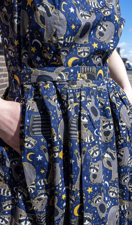 Trash Panda Raccoon Print Cotton Tea Dress with Pockets by Run and Fly