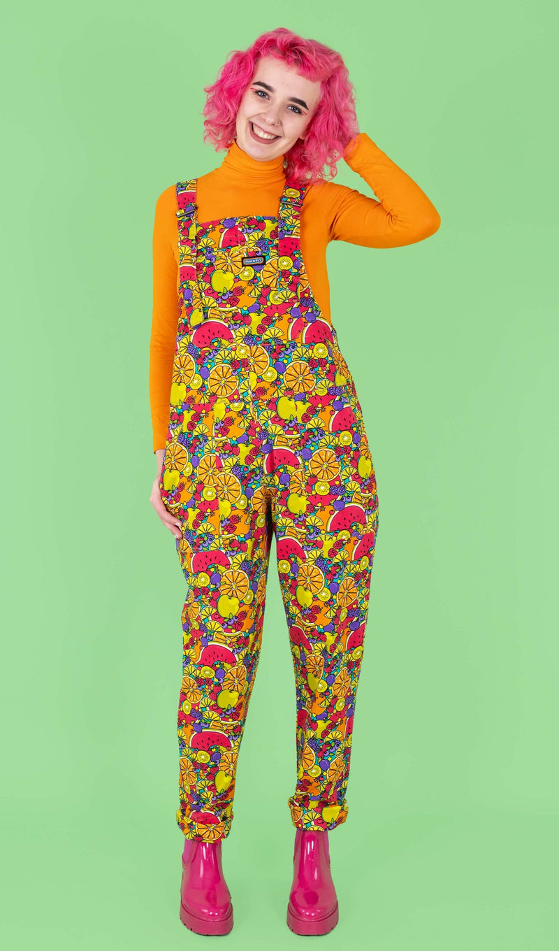 Run and Fly Tutti Frutti Tropical Fruit Print Stretch Twill Cotton Dungarees