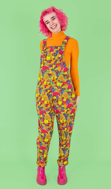 Run and Fly Tutti Frutti Tropical Fruit Print Stretch Twill Cotton Dungarees