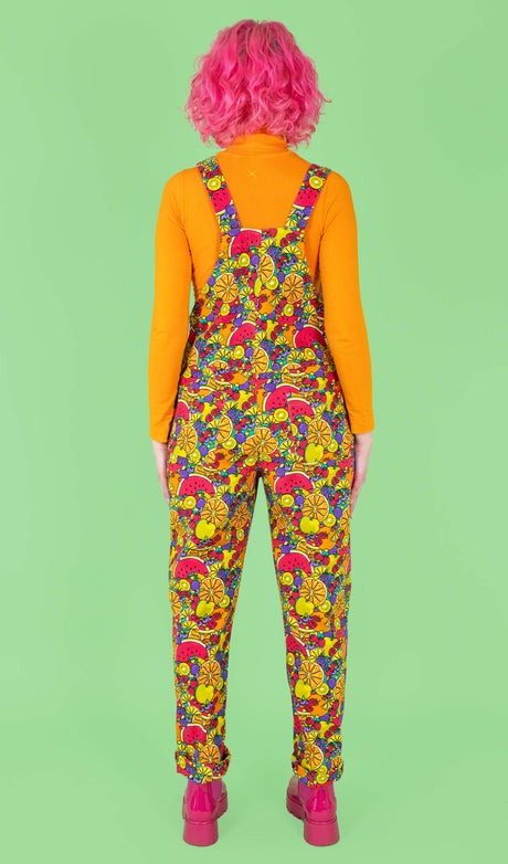 Run and Fly Tutti Frutti Tropical Fruit Print Stretch Twill Cotton Dungarees