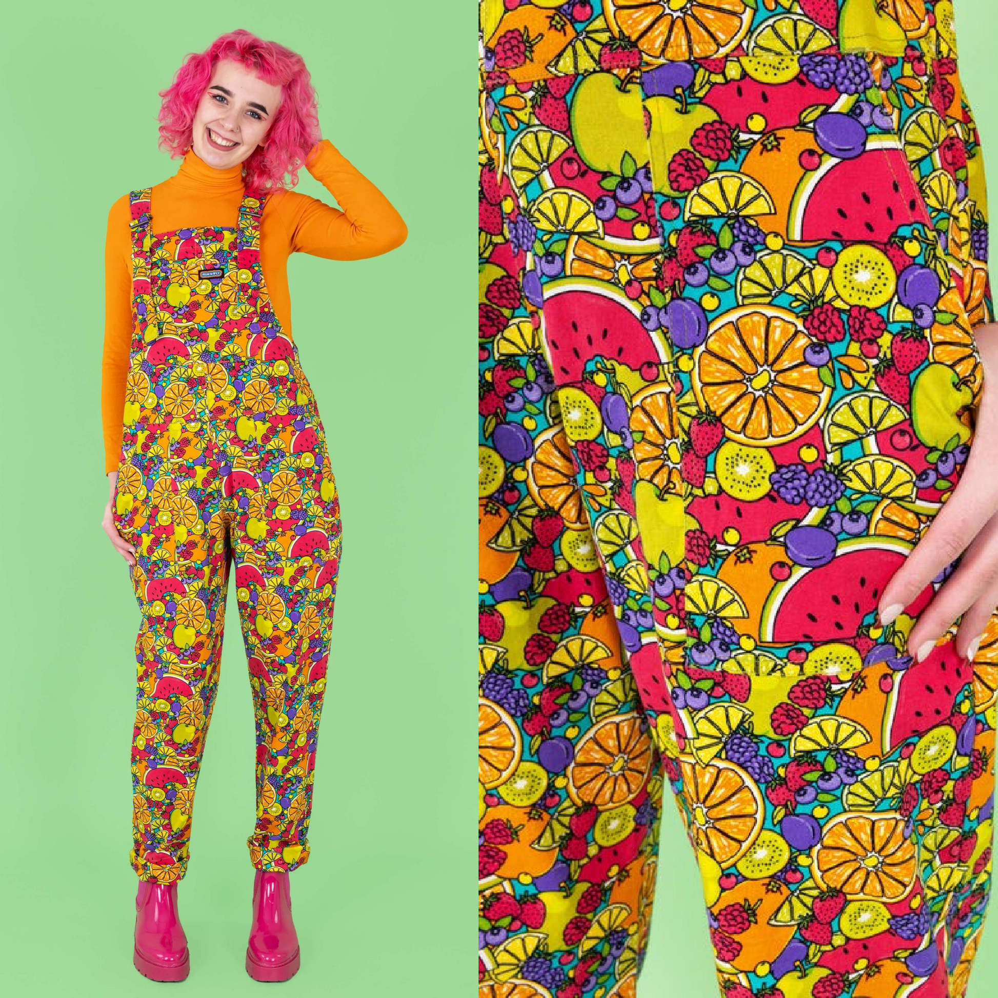 Run and Fly Tutti Frutti Tropical Fruit Print Stretch Twill Cotton Dungarees