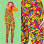 Run and Fly Tutti Frutti Tropical Fruit Print Stretch Twill Cotton Dungarees