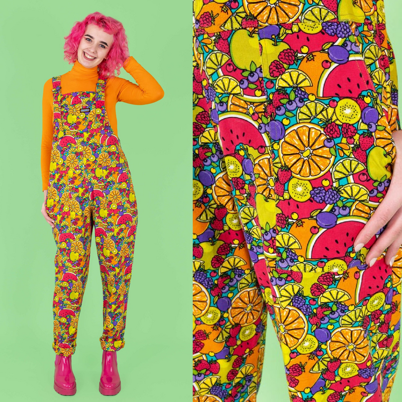 Run and Fly Tutti Frutti Tropical Fruit Print Stretch Twill Cotton Dungarees