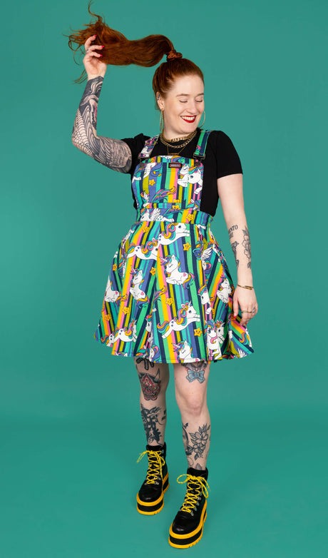 Run and Fly Rainbow Unicorn Print Flared Pinafore Dress