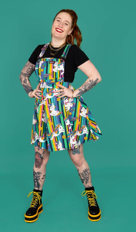 Run and Fly Rainbow Unicorn Print Flared Pinafore Dress