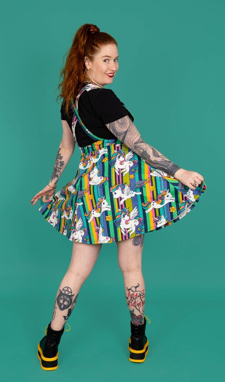 Run and Fly Rainbow Unicorn Print Flared Pinafore Dress