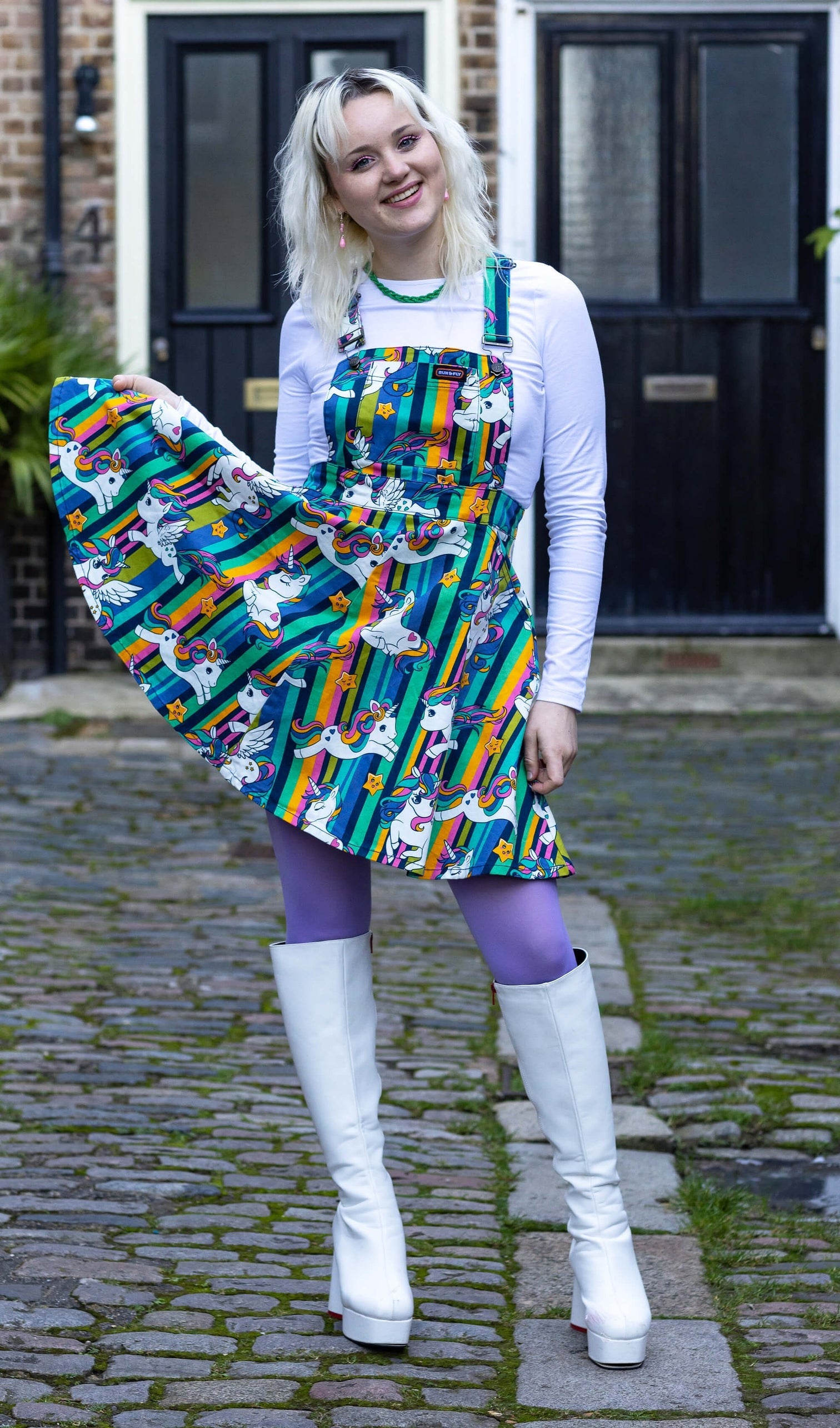 Run and Fly Rainbow Unicorn Print Flared Pinafore Dress