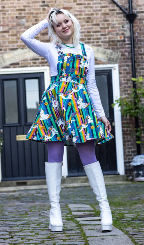 Run and Fly Rainbow Unicorn Print Flared Pinafore Dress