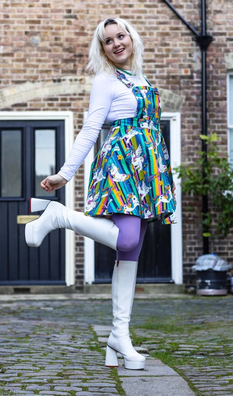 Run and Fly Rainbow Unicorn Print Flared Pinafore Dress