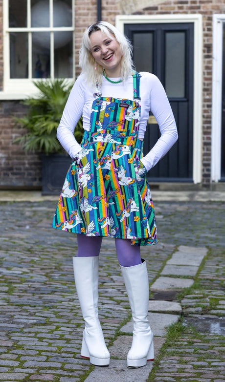 Run and Fly Rainbow Unicorn Print Flared Pinafore Dress