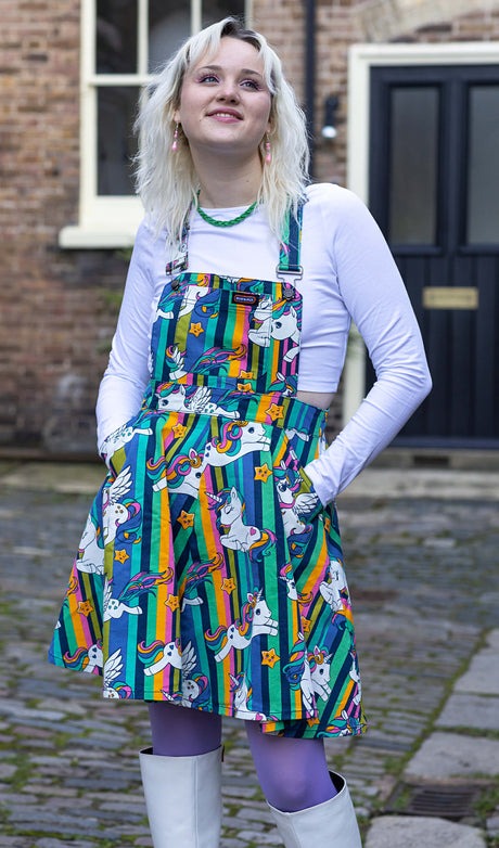 Run and Fly Rainbow Unicorn Print Flared Pinafore Dress