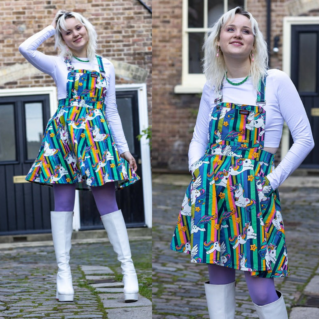 Run and Fly Rainbow Unicorn Print Flared Pinafore Dress