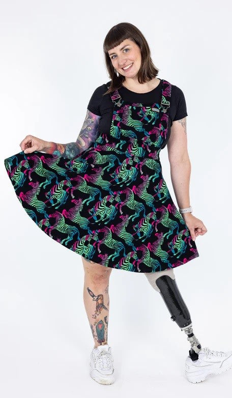 Run and Fly Rainbow Zebra Print Flared Pinafore Dress