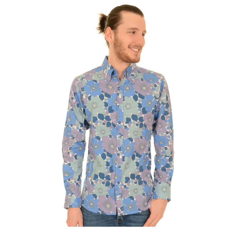60s Style Blue Floral Print Shirt by Run and Fly - Minimum Mouse