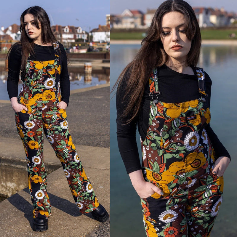 70's Black Floral Dungarees Stretch Skinny Flares Jeans by Run and Fly