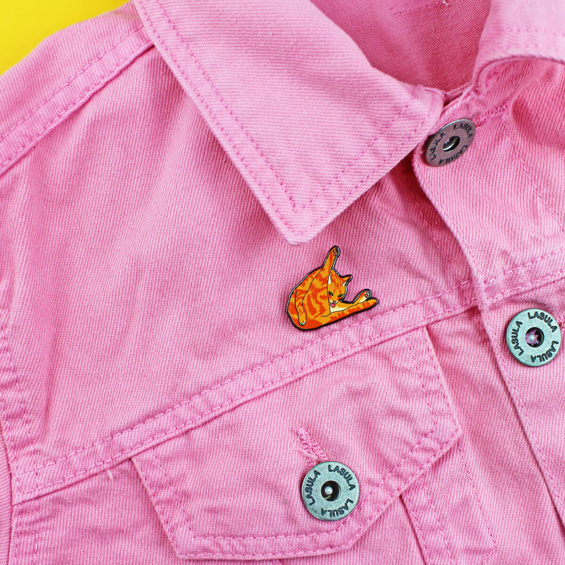 Cat Licking Butt Enamel Lapel Pin Badge