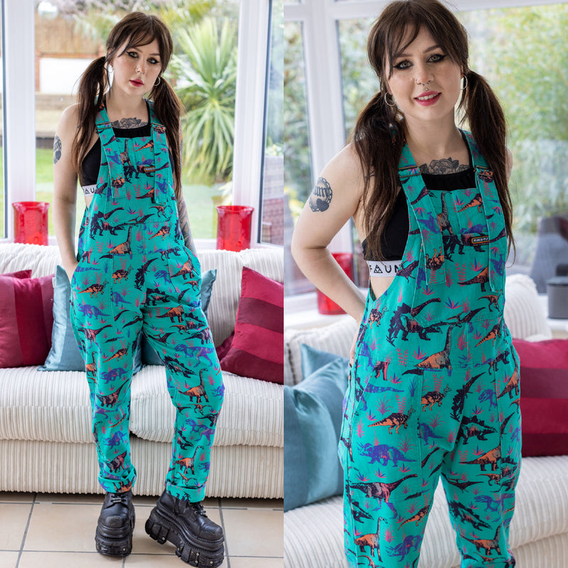 Jade Adventure Dinosaur Print Stretch Twill Dungarees by Run and Fly