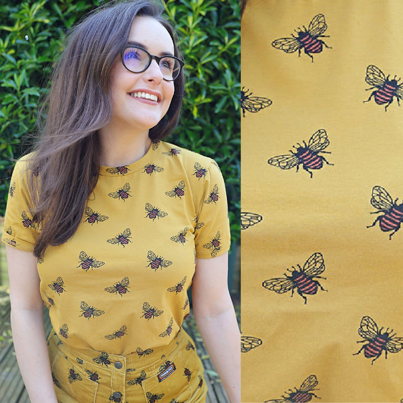 Gold/Mustard Bee Print T Shirt by Run and Fly
