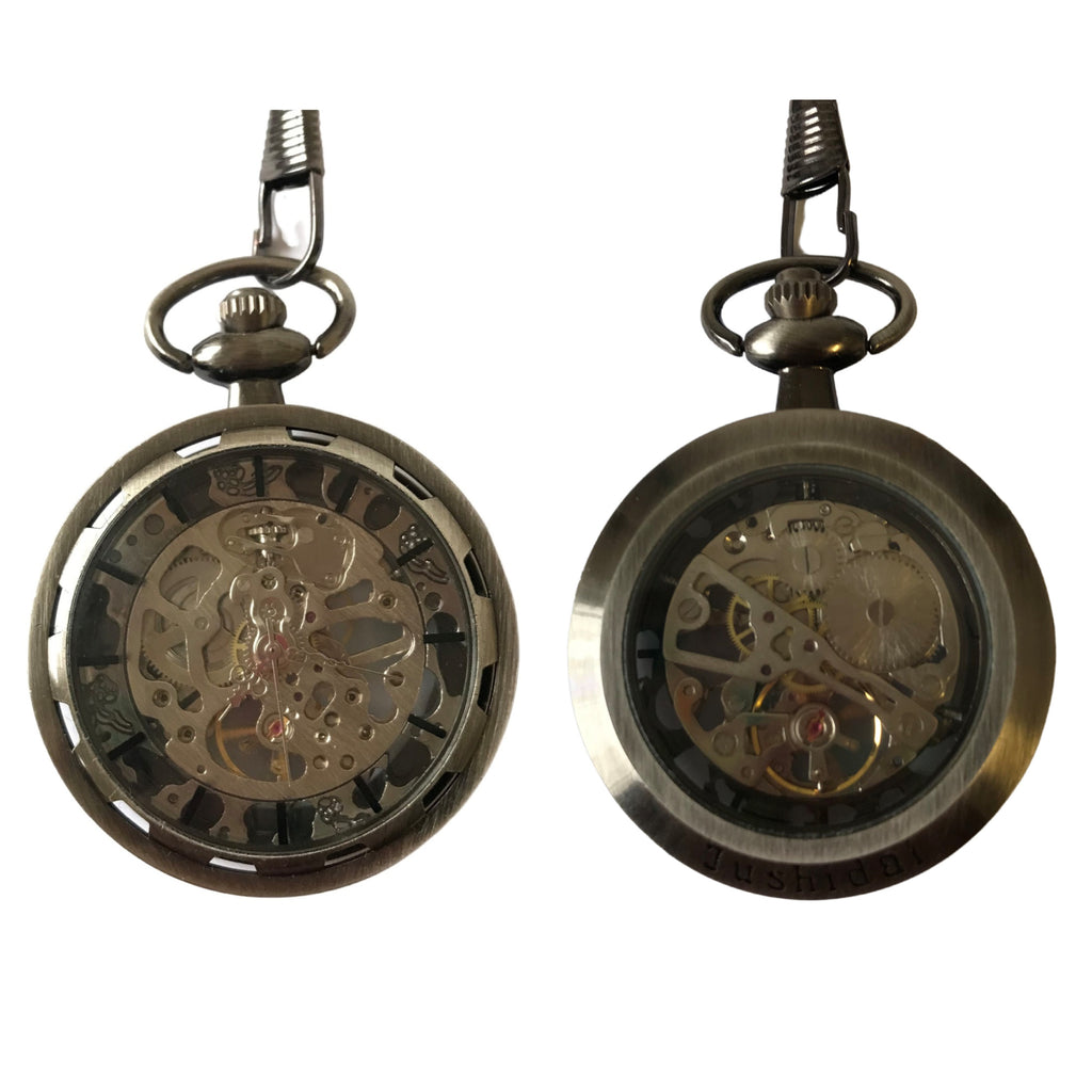 Grey Gear Cog Mechanical Hand Wind Pocket Watch