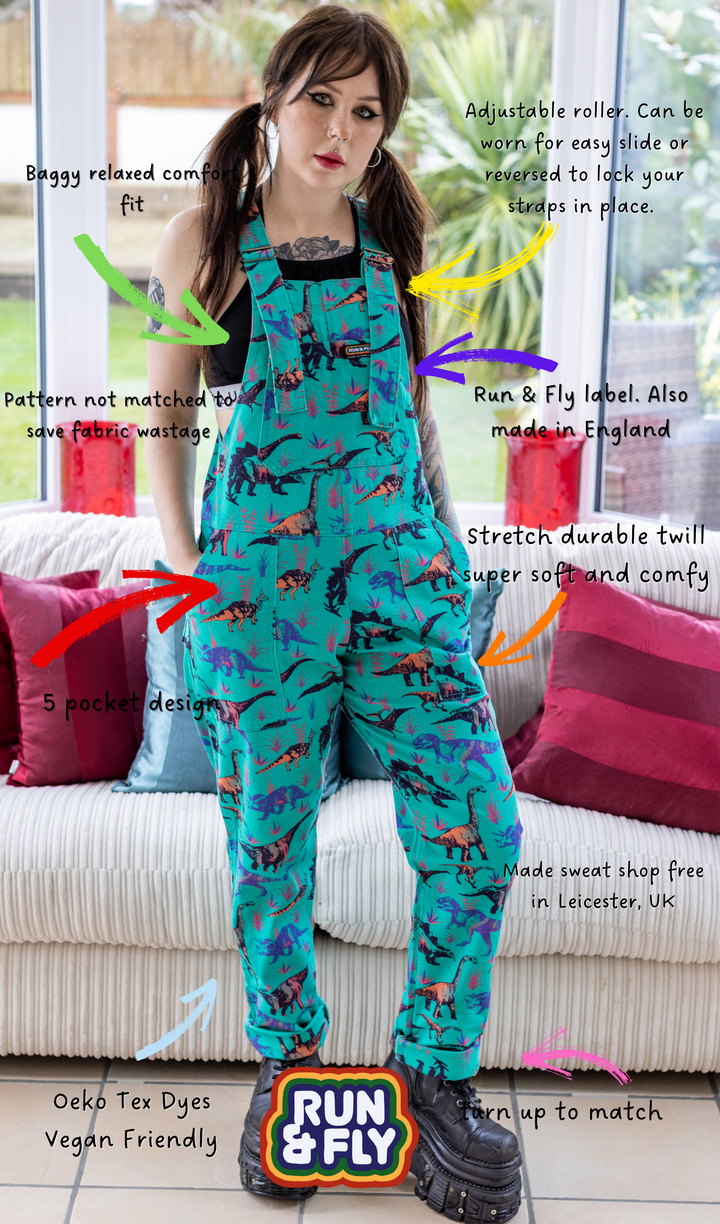 Jade Adventure Dinosaur Print Stretch Twill Dungarees by Run and Fly