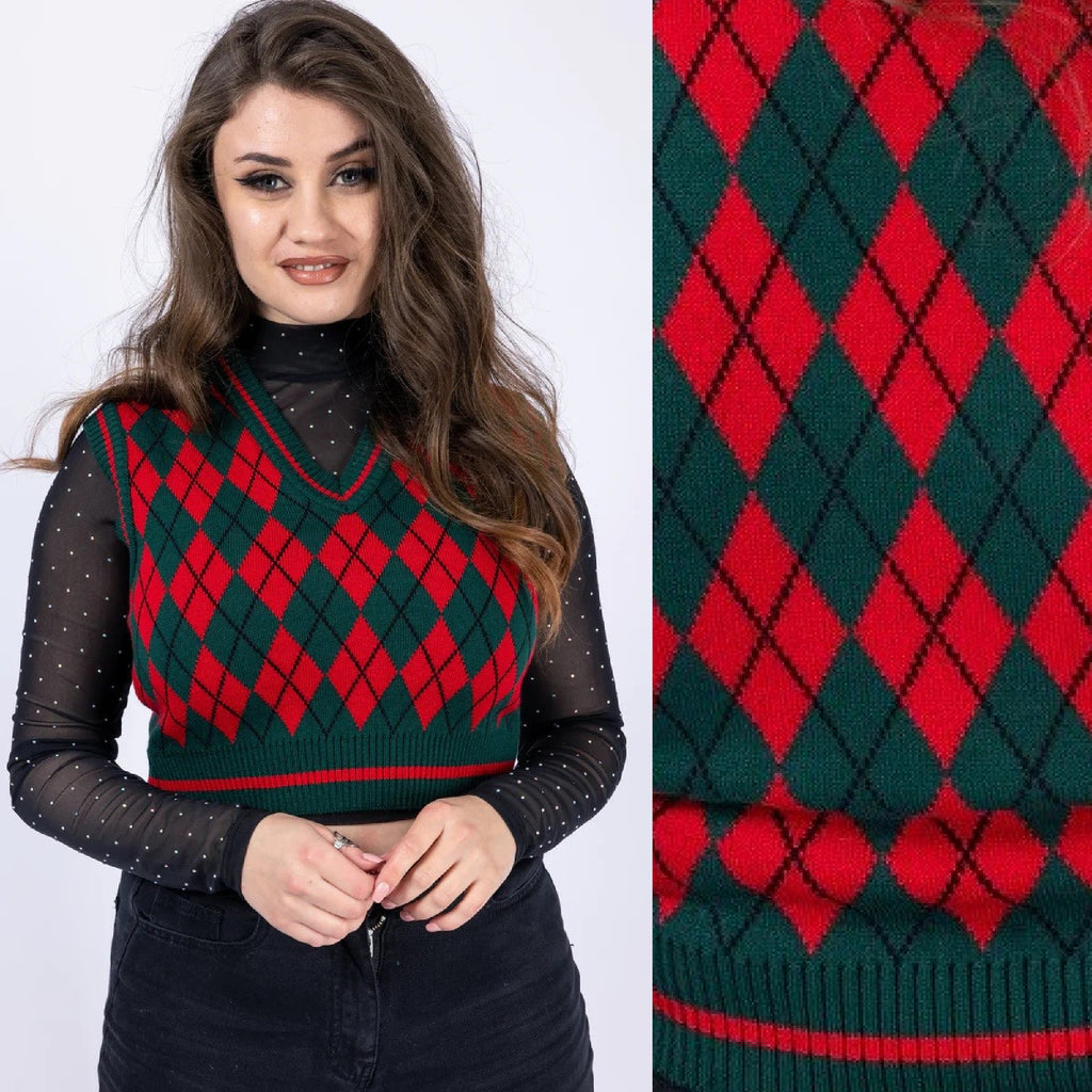 Argyle Checked Red Cropped Tank Top by Run and Fly
