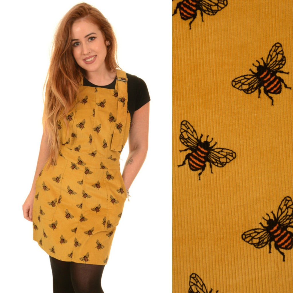 Bee Print Corduroy Dungaree Pinafore Dress by Run and Fly in Gold - Minimum Mouse