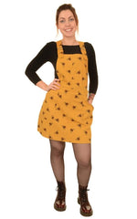 Bee Print Cotton Twill Dungaree Pinafore Dress by Run and Fly in Gold - Minimum Mouse