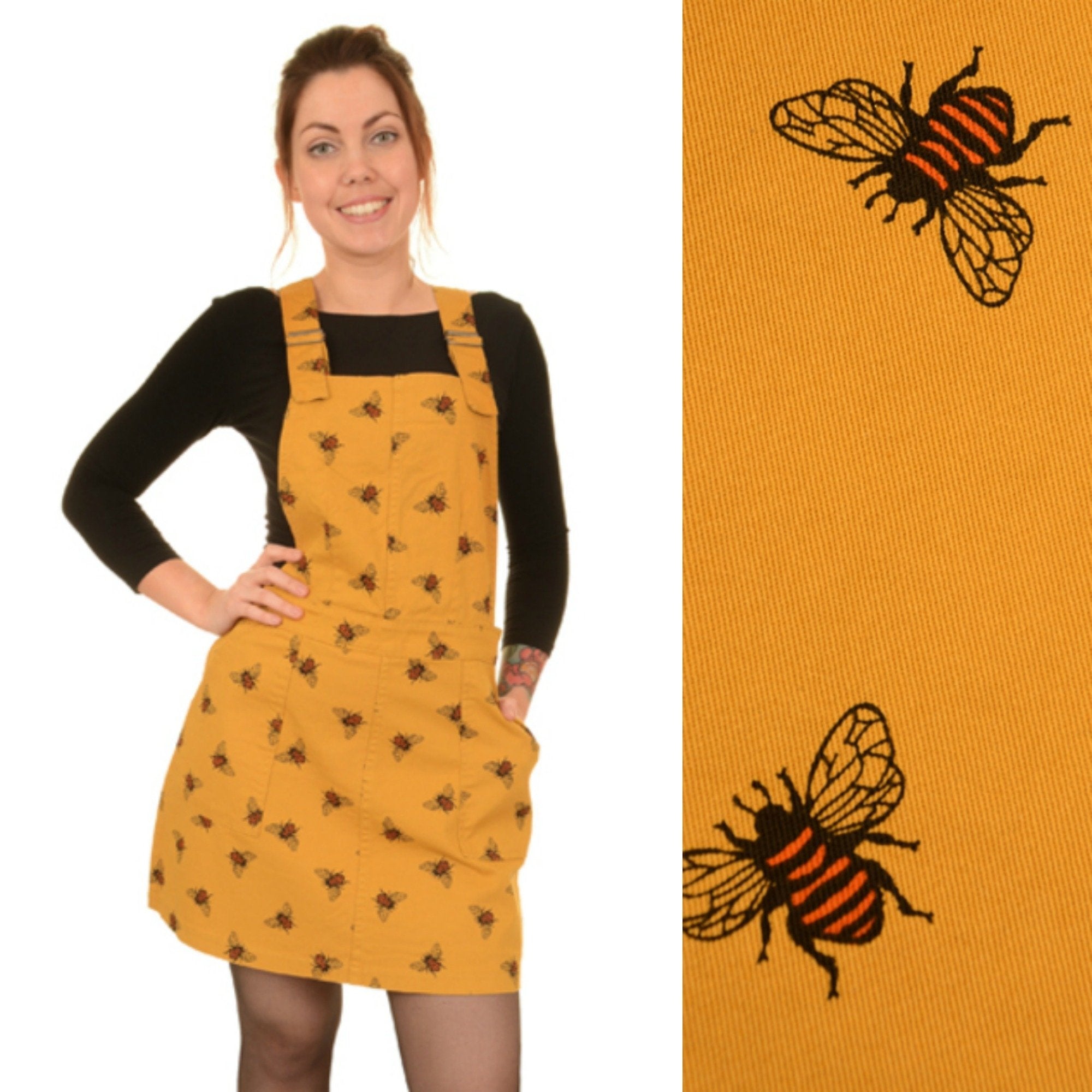 Run and Fly Cotton Bee Print Pinafore Dungaree Dress Gold/Mustard 8 10 12  14 16 – Minimum Mouse