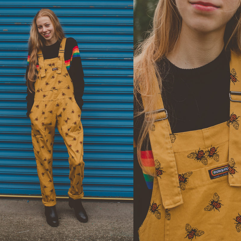 Gold Bee Print Dungarees in Twill Cotton by Run and Fly