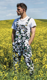 Black Daisy Print Dungarees in Stretch Twill Cotton by Run and Fly - Minimum Mouse