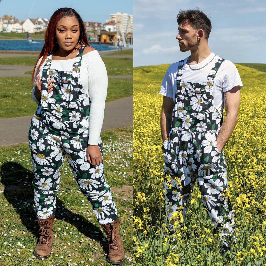 Black Daisy Print Dungarees in Stretch Twill Cotton by Run and Fly - Minimum Mouse