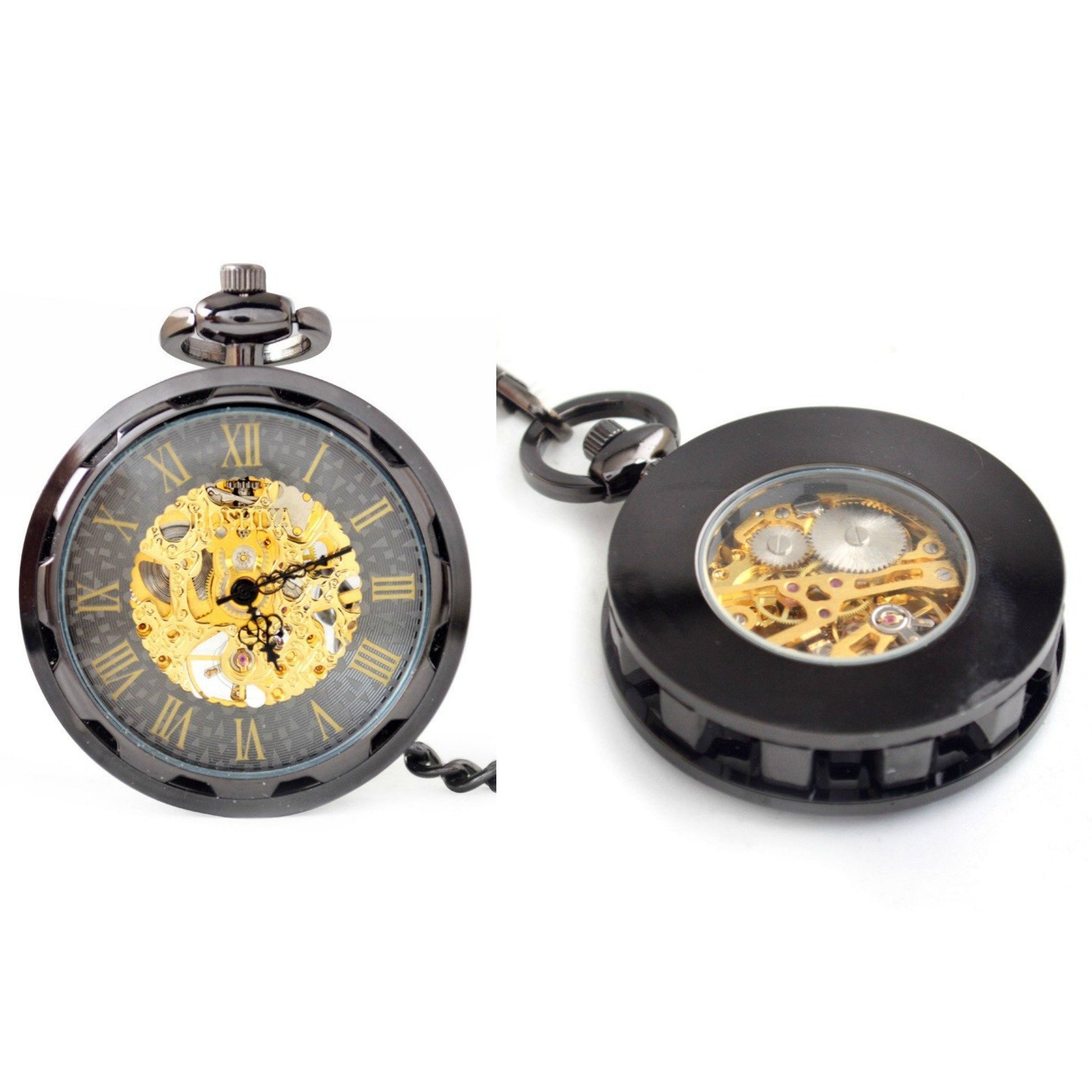 Black Cog Gear Wheel Mechanical Hand Wind Skeleton Pocket/Fob